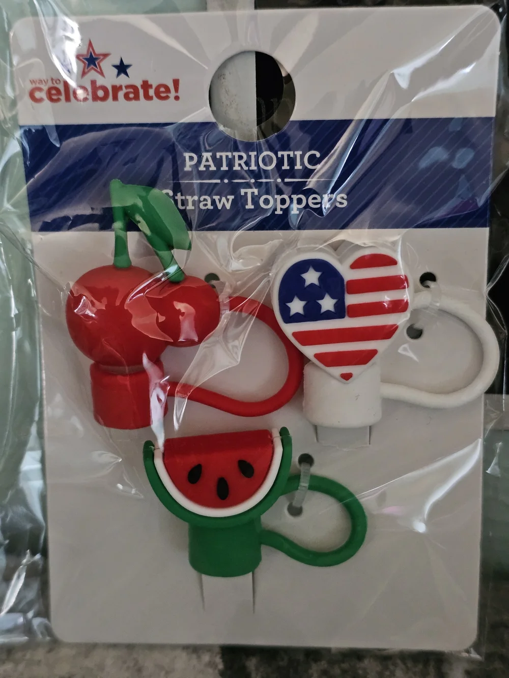 Way to Celebrate! Patriotic Red, White & Green Straw Toppers - 3 Pack